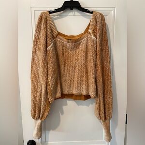Free People Square Neck Sweater Puff Sleeves XL Mustard Yellow